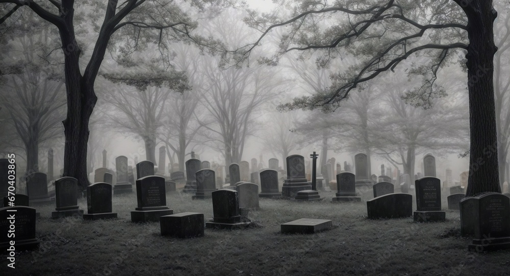The Eternal Rest: Emphasizing the Texture of Aged Stone in a Foggy Graveyard 