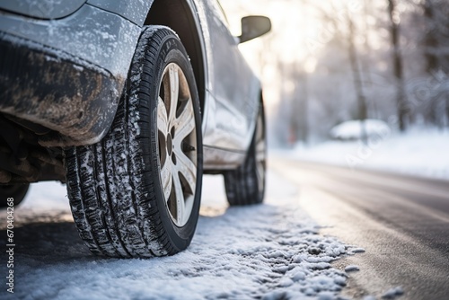 Close-up of car tires in winter on the road