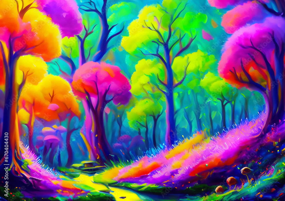 Nature and landscape. Illustration of trees, forests, mountains, flowers, plants and nature. Picture for background, wall art, card or cover