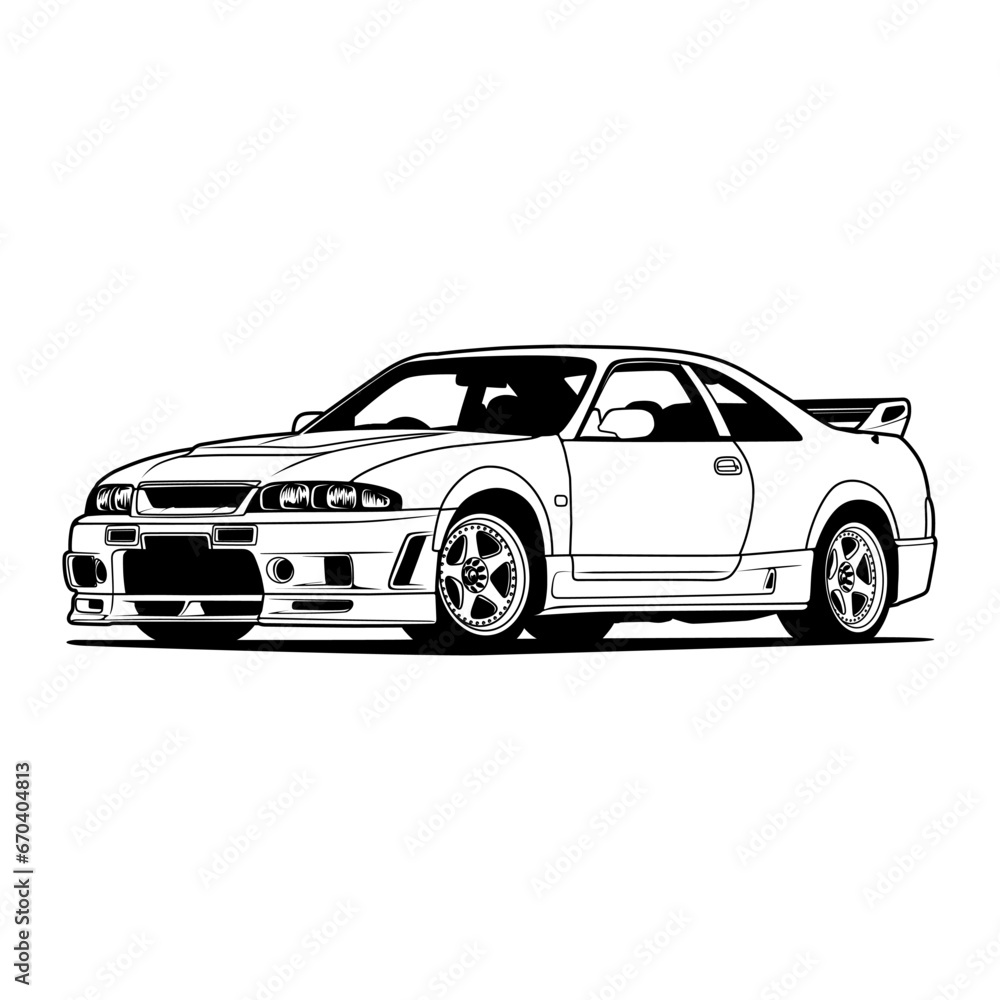 Black And White Car Vector Illustration For Conceptual Design. Good for poster, sticker, t shirt print, banner. Separated layers, easy to edit in your vector supported software.