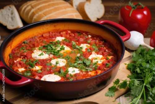 shakshuka in a red enamel pot with a wooden spoon