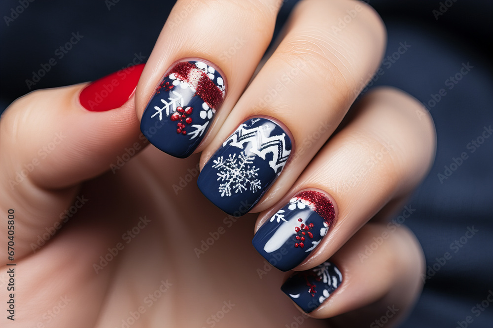 Christmas themed ornate perfect manicure on in red, dark blue and white colors with a nordic print hand painted, nail salon ad Christmas themed ornate perfect manicure on in red, dark blue and white colors with a nordic print hand painted, nail salon ad