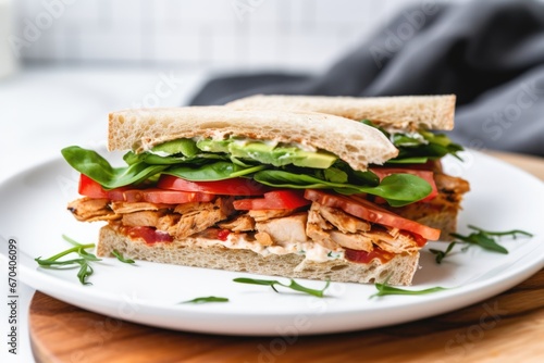 close-up of a tempeh sandwich on a white plate