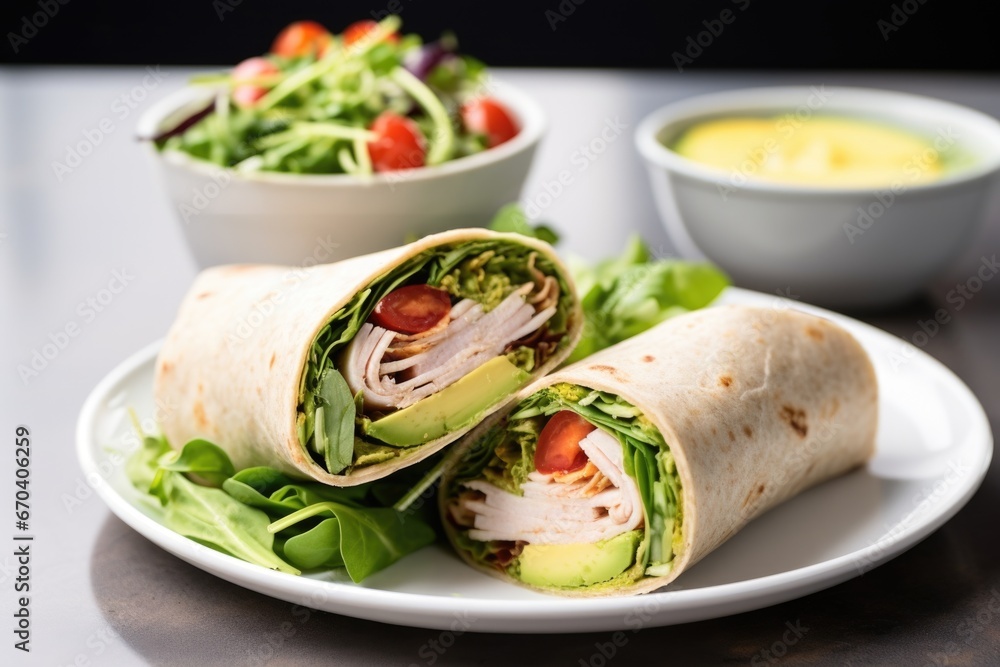 turkey and avocado wrap served with a side salad turkey and avocado wrap served with a side salad