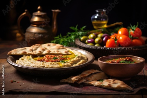hummus and babaganoush spread with pita bread