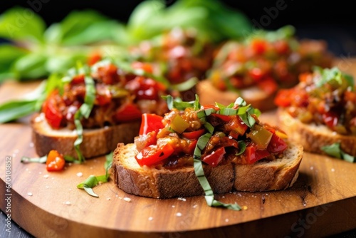 bruschetta pieces topped with spicy vegan sausage and peppers
