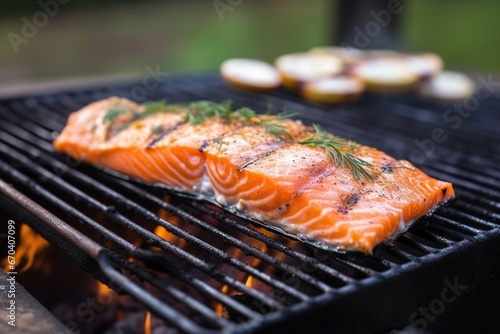 freshly grilled cedar plank salmon on an outdoor grill