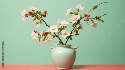 A cherry blossom branch in full bloom, perched inside a mint green pot.
