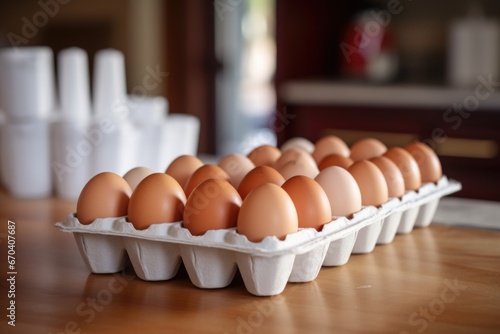 brown and white egg cartons on a kitchen table photo