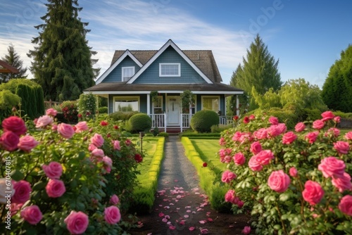 farmhouse with a gabled entryway and rose bushes on sides