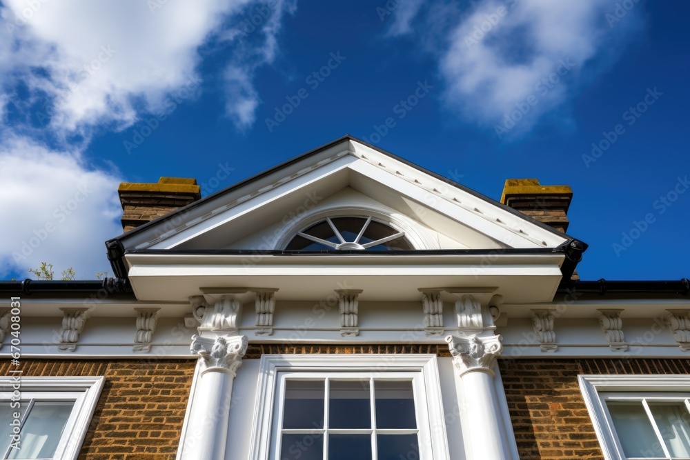 detailed shot of georgian pediment against blue sky detailed shot of georgian pediment against blue sky