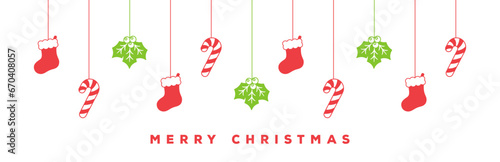 Merry Christmas Border Banner, Hanging Stocking, Mistletoe and Candy Cane Garland. Winter Holiday Season Header Decoration. Web Banner Template. Vector illustration.