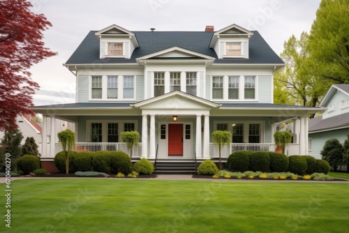 georgian home with a lovely hip roof and a front lawn © altitudevisual