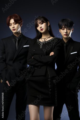 Wallpaper Mural Portrait of a fictitious K-pop band consisting of two male and one female member, they wear black suits Torontodigital.ca