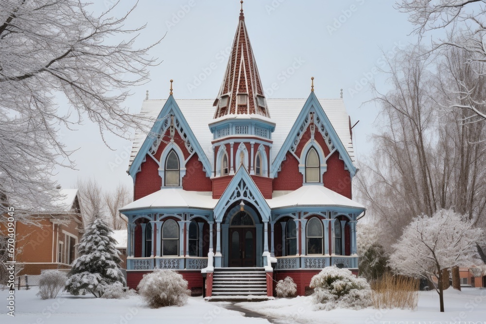 Fototapeta premium snow-covered gothic revival structure crowned by battlements