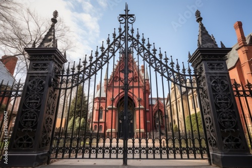 spiky iron gates of a gothic revival mansion photo