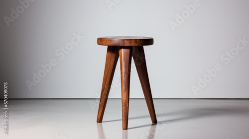 A classic wooden stool with three legs, its polished surface reflecting a subtle sheen, set against a pure white backdrop. photo