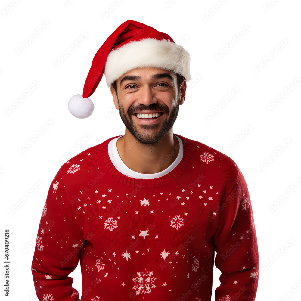 latin man in a Santa cap hat and a Christmas sweater isolated on a white transparent background latin man in a Santa cap hat and a Christmas sweater isolated on a white transparent background