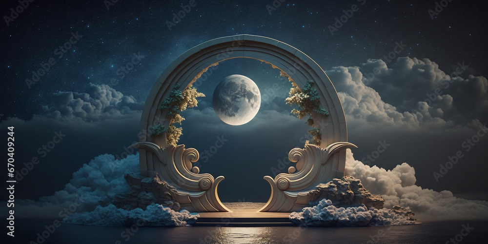 Background template with full moon shining through an exquisite arch of clouds in the night sky. Created with Generative AI technology - obrazy, fototapety, plakaty 