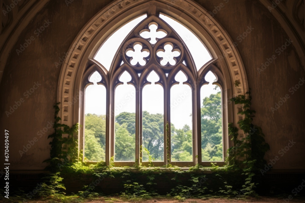 closeup of a pointed arch window in a gothic revival castle