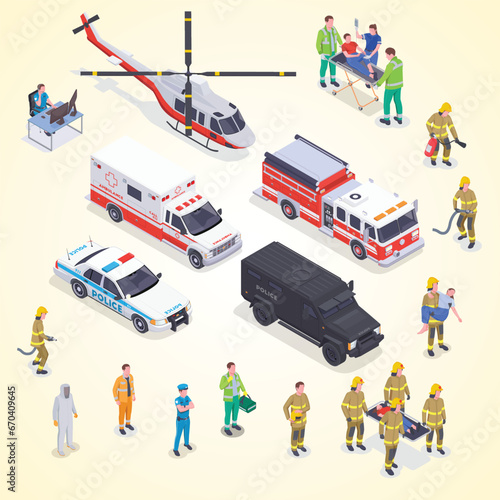emergency service isometric set with isolated images special vehicles with fire fighting personnel ambulance crew vector illustration photo