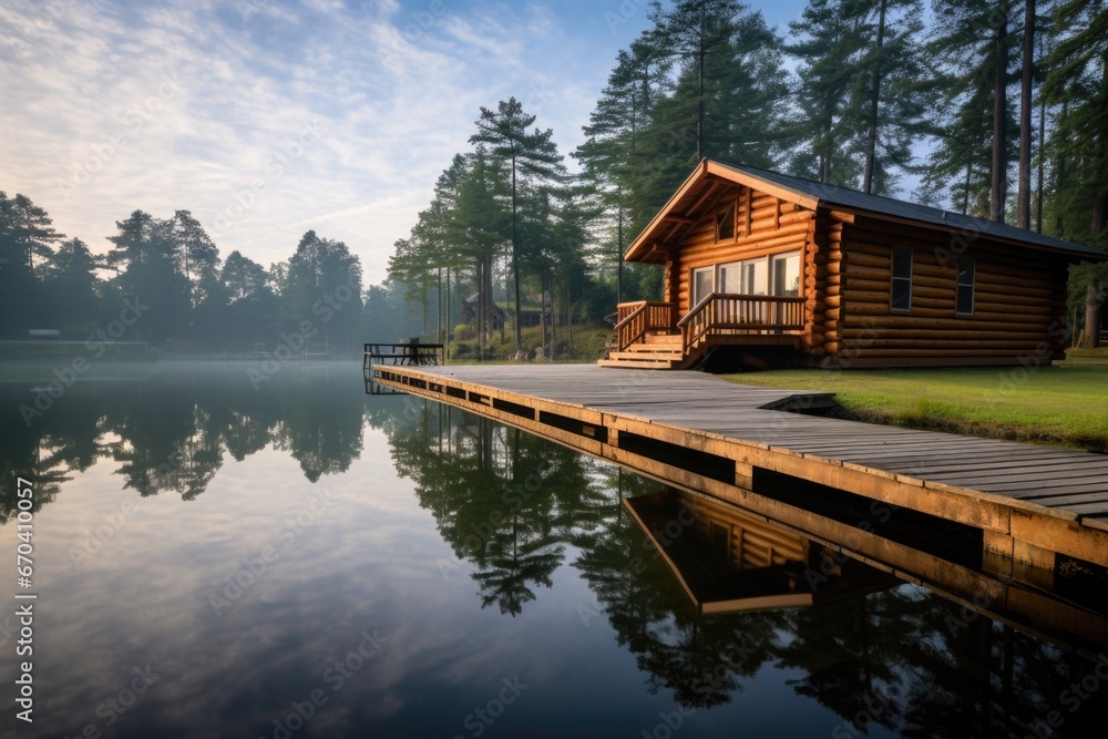 Obraz premium calm morning shot of log cabin dock reflecting on lake