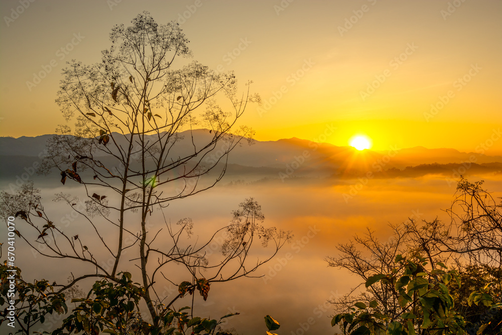 Aerial view of flowing fog  on mountain tropical rainforest in the morning