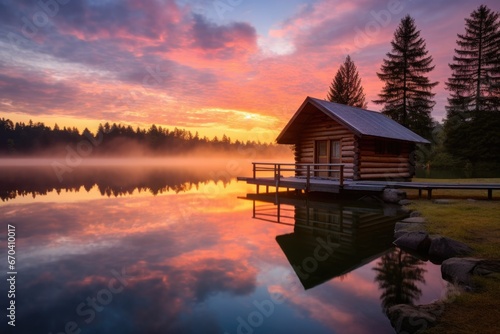 sunrise reflecting on a lake with a log cabin and a sturdy dock © altitudevisual