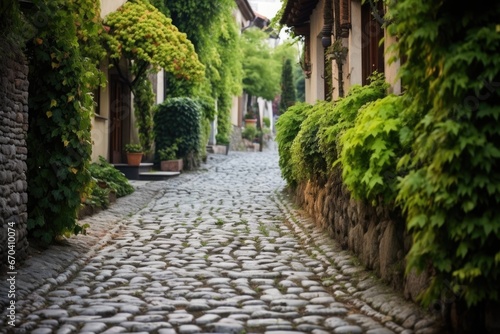 a cobblestone pathway flanked by trimmed bushes