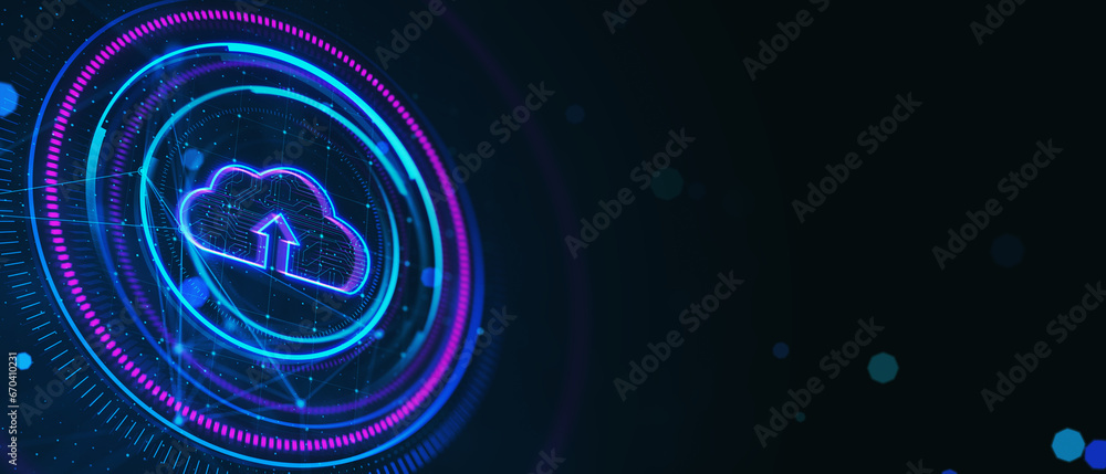 Creative round cloud computing hologram on dark wide background with mock up place. Server concept. 3D Rendering.