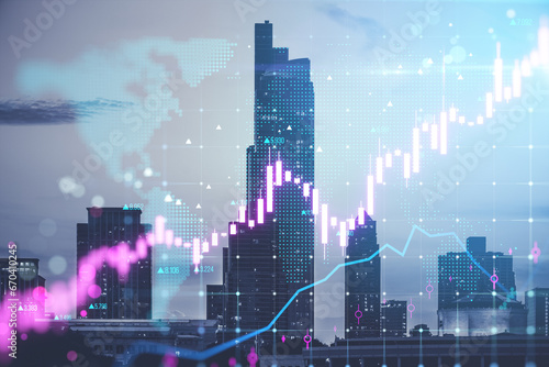 Toned image with glowing candlestick forex chart on blurry city texture. Trade  finance and growing market concept. Double exposure.