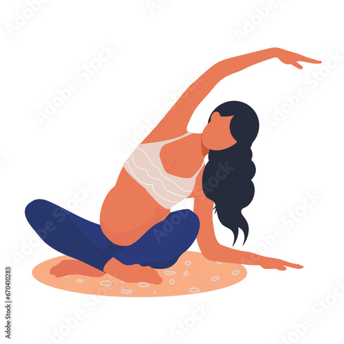 illustration in a flat style . pregnant girl doing stretching, yoga, exercises on the floor on a white background