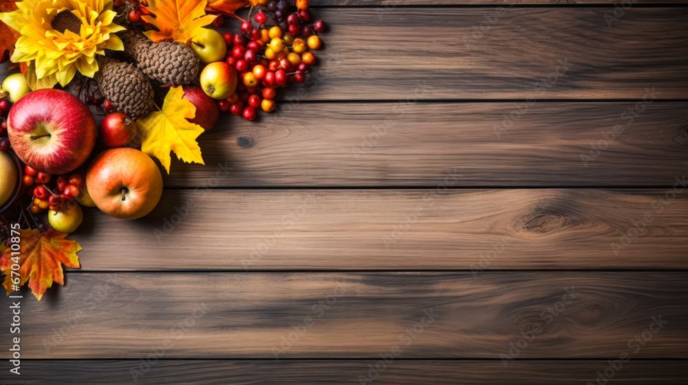 Festive table with autumn decor on wooden background, flat lay Festive table with autumn decor on wooden background, flat lay