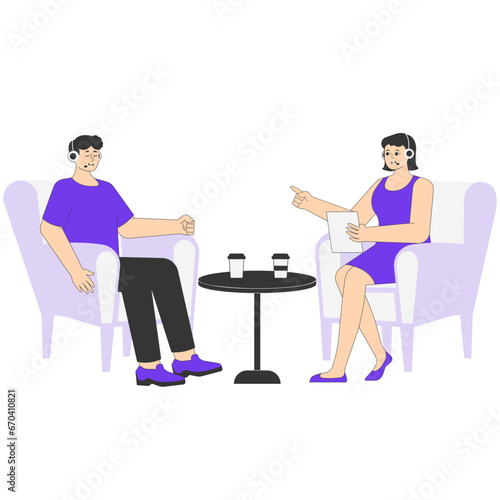 Woman Hosting a Podcast with Male Guest Illustration