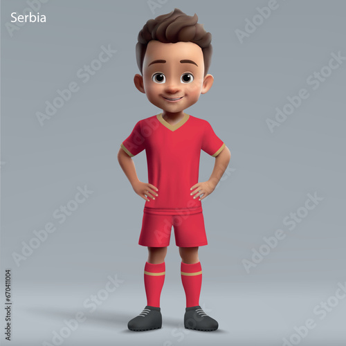 3d cartoon cute young soccer player in Serbia national team kit