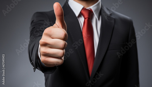 A confident businessman in a sharp black suit and vibrant red tie, extending a hand to give a thumbs-up against a muted backdrop.