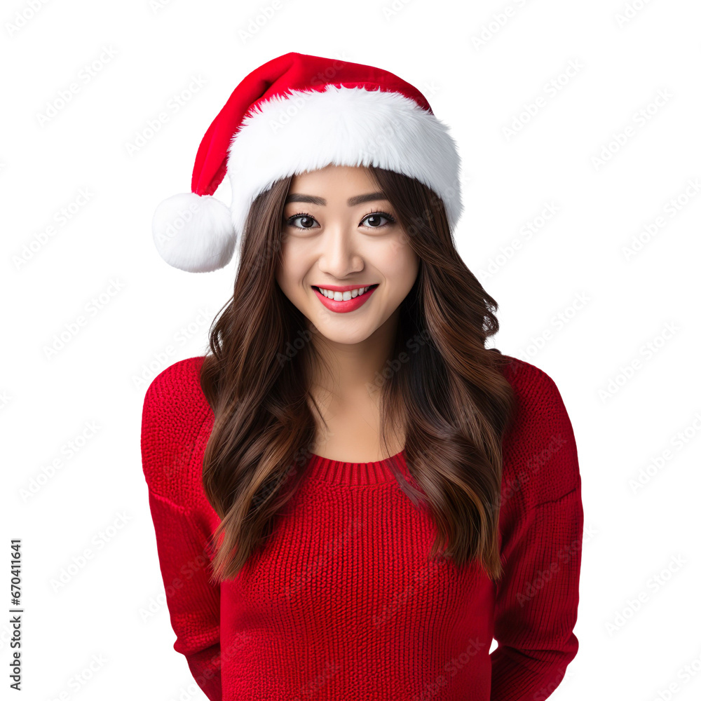asian woman in a Santa cap hat and a Christmas sweater isolated on a white transparent background asian woman in a Santa cap hat and a Christmas sweater isolated on a white transparent background