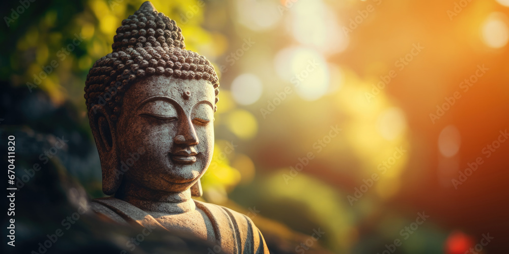 Buddha meditating in peaceful scene with blurred background and large space for text or copy