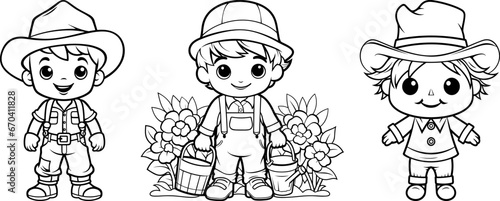 Farm workers friendly cartoon characters jobs collection. Farmer, gardener florist and scarecrow friends. Black outline coloring book vector illustrations.