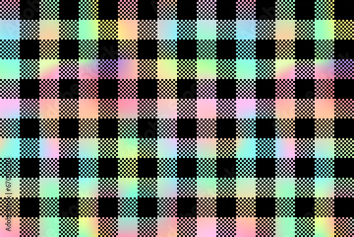 Holographic Plaid patten background. Vector checkered black and rainbow gradient plaid textured print. Shiny Iridescent plaid texture for fashion, print, design, wallpapers.