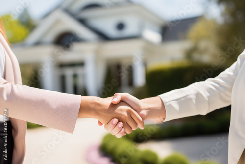 Real estate deal of two women shaking hands in front of the new home