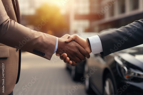 A black man or client buys a new car and closes a deal with a handshake with the seller photo