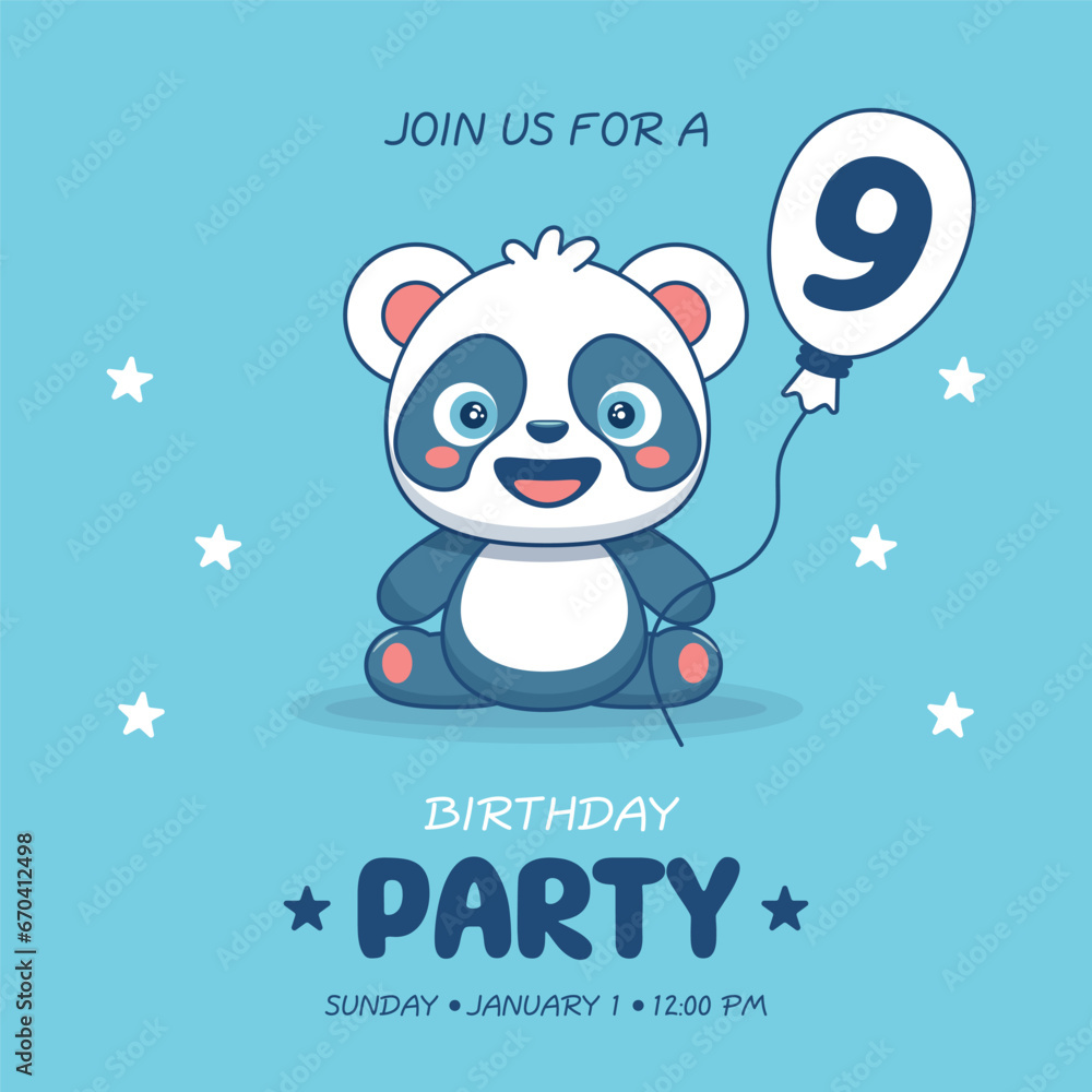 Cute baby boy panda. Birthday invitation for 9 year. Vector illustration