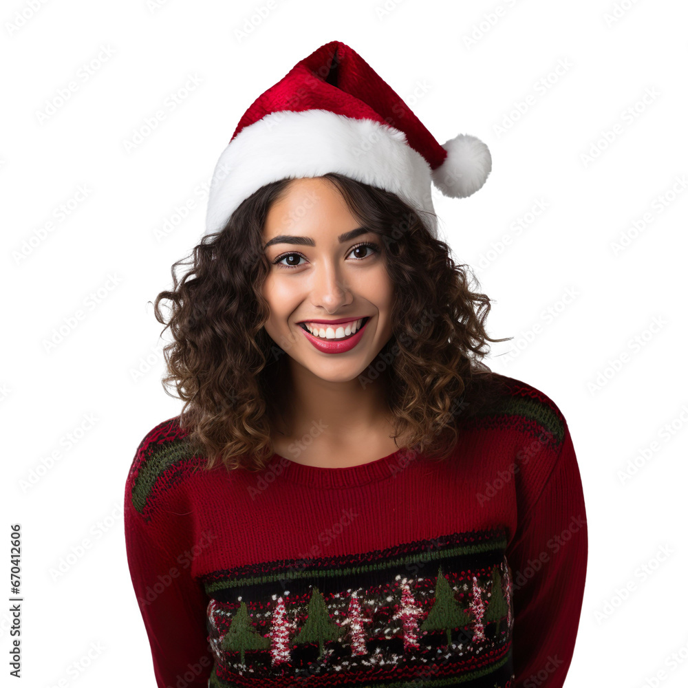 latin woman in a Santa cap hat and a Christmas sweater isolated on a white transparent background latin woman in a Santa cap hat and a Christmas sweater isolated on a white transparent background