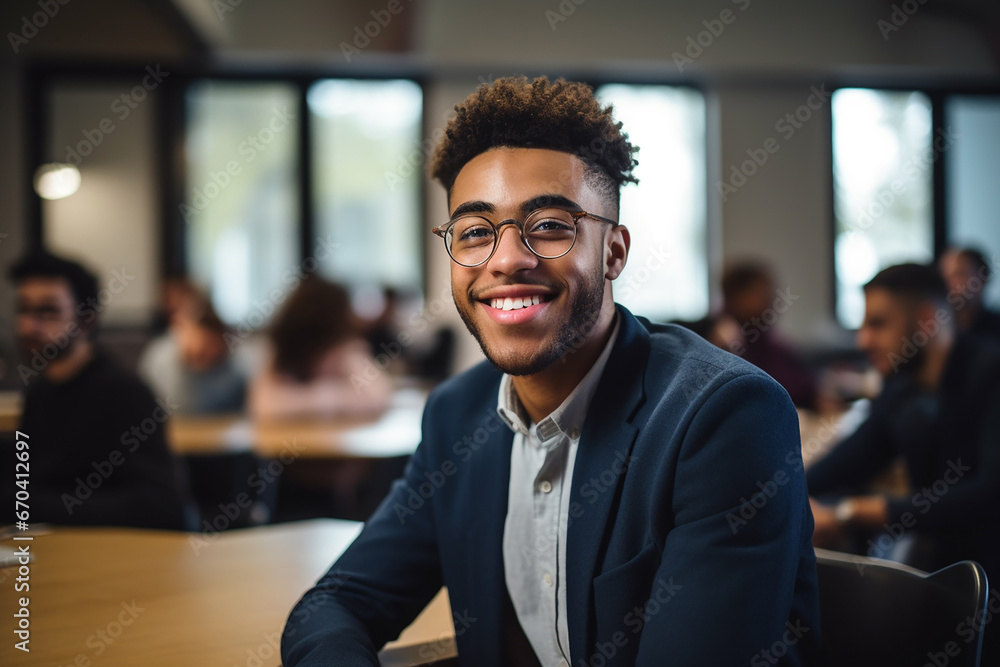 The portrait of a smiling black male teenager in a casual outfits/ a neatly suit sitting in a classroom fulled of students. Generative AI. The portrait of a smiling black male teenager in a casual outfits/ a neatly suit sitting in a classroom fulled of students. Generative AI.
