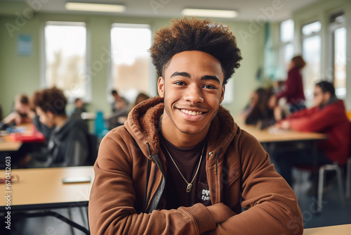 The portrait of a smiling black male teenager in a casual outfits/ a neatly suit sitting in a classroom fulled of students. Generative AI. photo