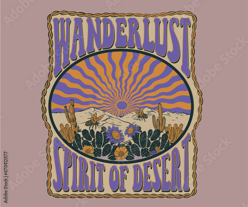 retro vintage cactus desert vector illustration, western desert landscape, american desert artwork for t shirt, sticker, poster, graphic print, rodeo cowgirl design