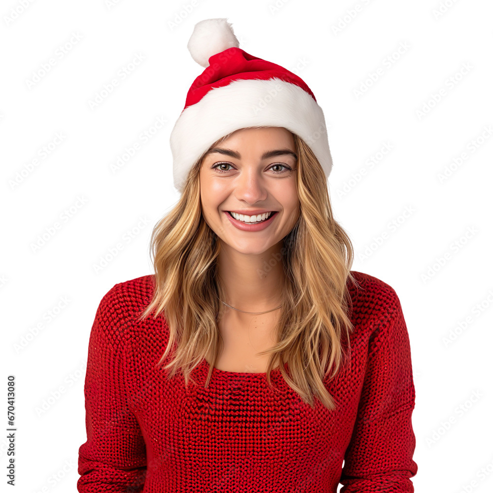 white woman in a Santa cap hat and a Christmas sweater isolated on a white transparent background white woman in a Santa cap hat and a Christmas sweater isolated on a white transparent background