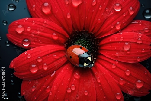 Ladybug On Red Flower Petal With Water Droplets