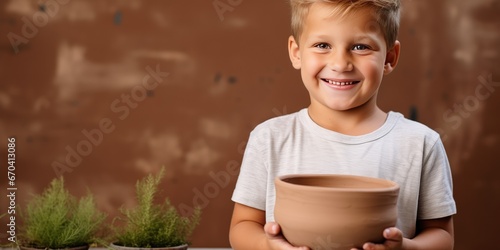 Little Boy Proudly Holds His Freshly Made Clay Pot Pottery Class